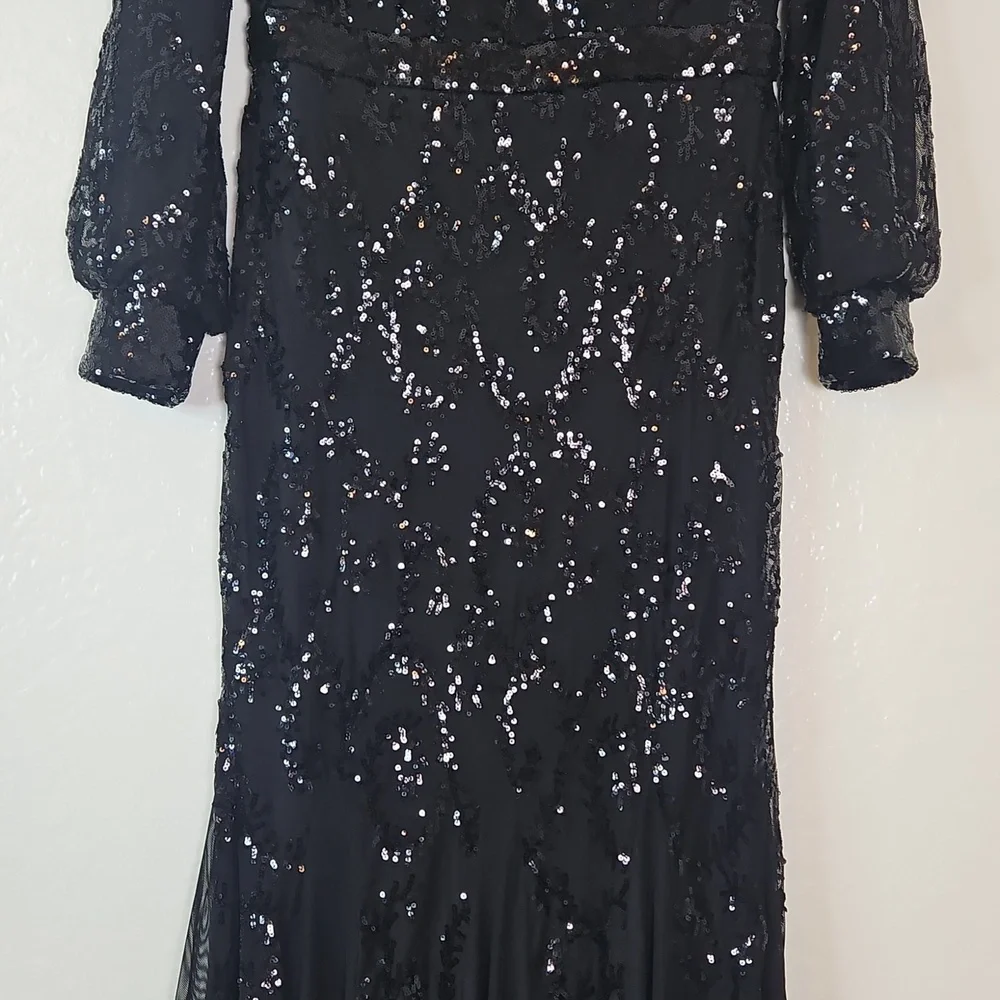 🌟 R&M Richards Petite 6P Black Sequin Long Evening Gown - Picture 5 of 15